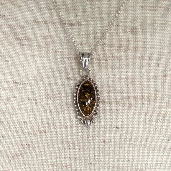 Sterling Silver 925 Baltic Amber Cabochon Pendant Necklace 18" Rolo Chain - Picture 6 of 16